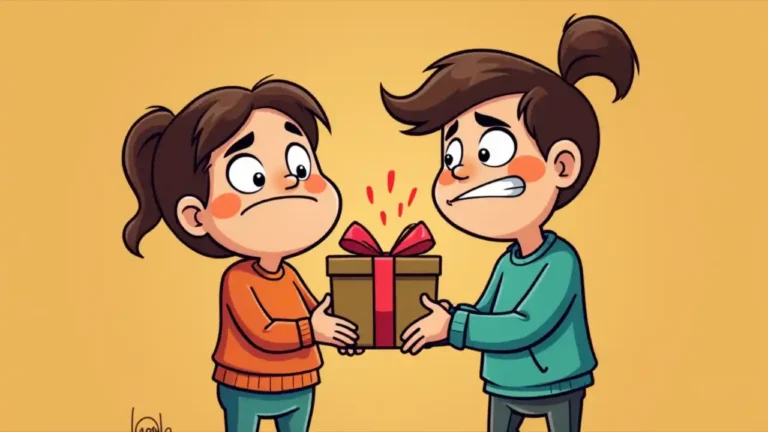 A grumpy cartoon character receiving a surprise gift basket filled with treats and a cheerful note, while their frown begins to turn into a slight smile