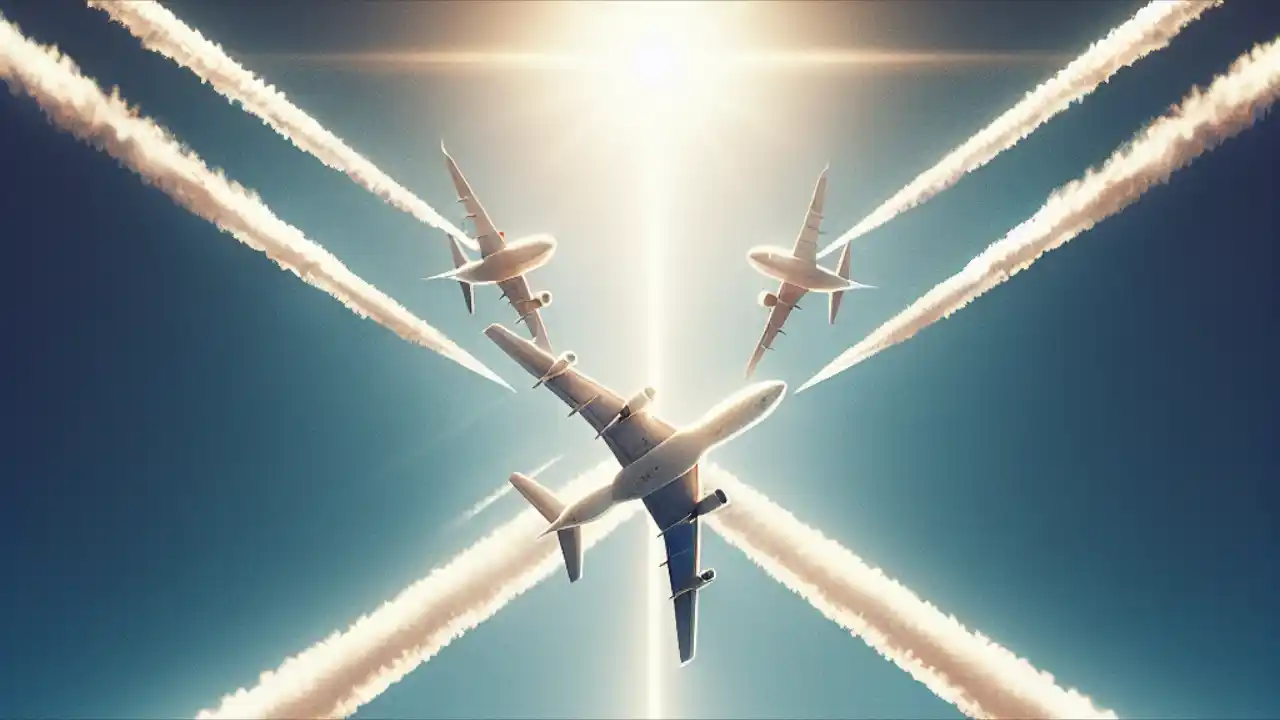 A stylized illustration of two airplanes narrowly avoiding collision in the sky, with dramatic contrails forming a cross pattern against a blue background