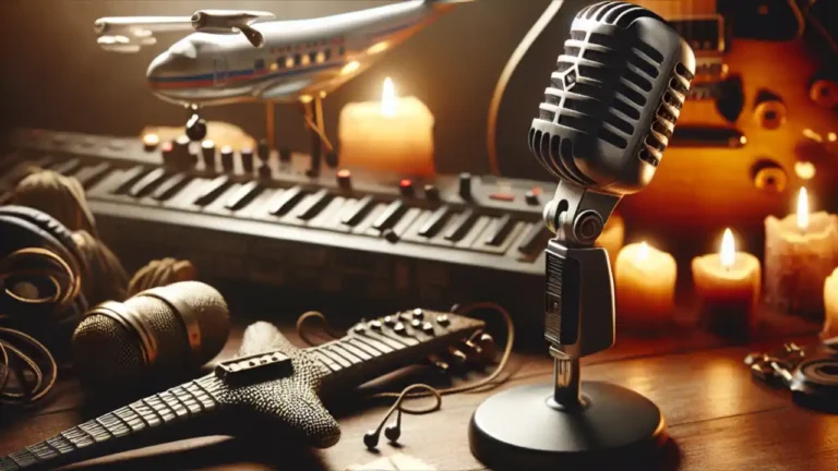 Commemorative image for National the Day the Music Died Day, featuring musical notes and a vintage microphone