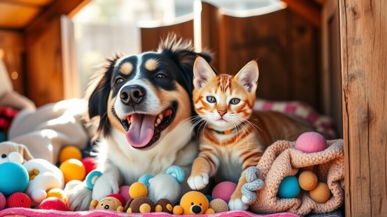A joyful dog and a playful cat snuggling together in a sunlit shelter, surrounded by colorful toys and cozy blankets, capturing the essence of companionship