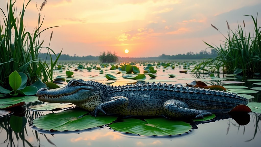 A serene wetland scene at sunrise, featuring a majestic alligator basking on a lily pad, surrounded by lush greenery and glistening water droplets