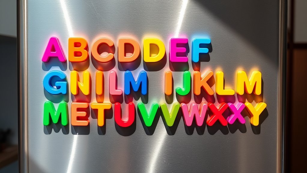 A colorful assortment of alphabet magnets arranged artistically on a modern refrigerator, with sunlight glinting off the glossy surfaces and casting playful shadows