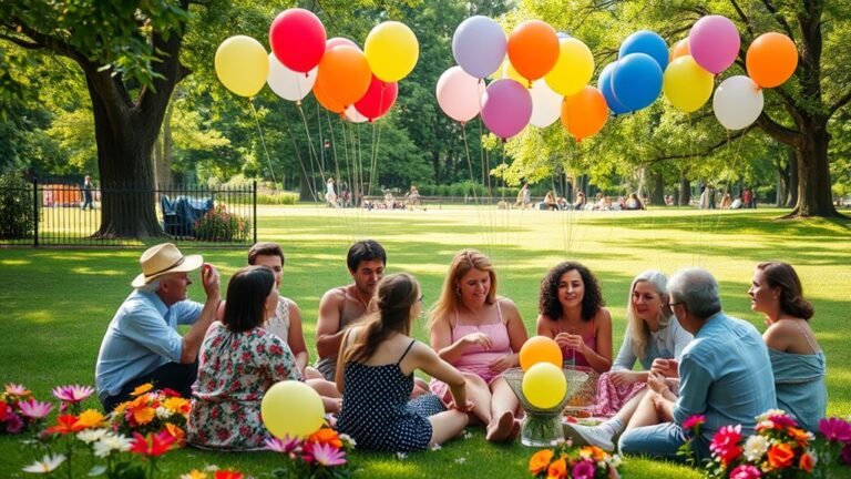 A vibrant celebration scene with diverse people enjoying a picnic in a lush park, surrounded by colorful balloons and flowers, all under soft, natural lighting