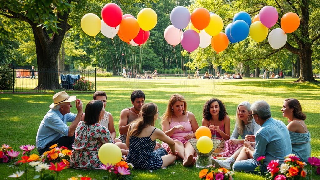 A vibrant celebration scene with diverse people enjoying a picnic in a lush park, surrounded by colorful balloons and flowers, all under soft, natural lighting