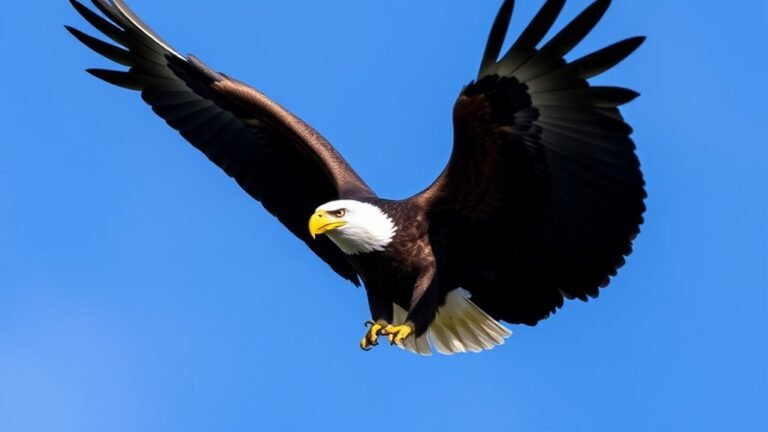 A majestic American Bald Eagle in flight, wings fully spread, against a clear blue sky, with sun rays illuminating its feathers, capturing its grace and power