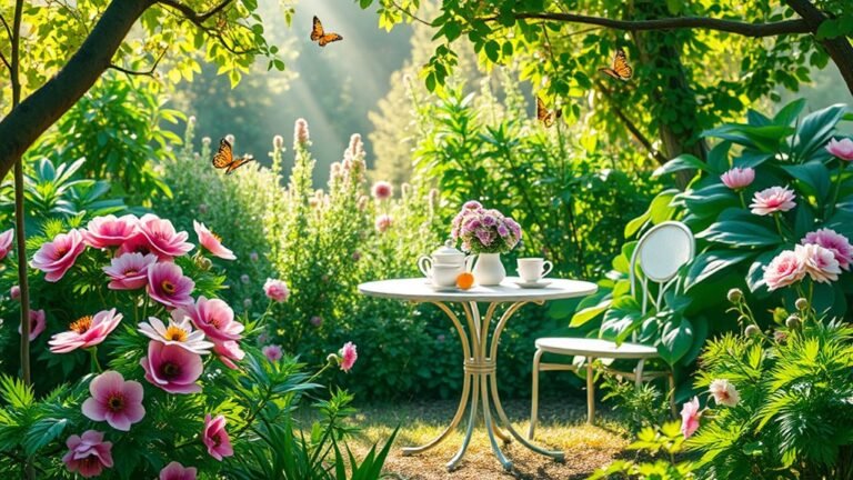 A serene garden scene with blooming anemones, a graceful table set for tea, sunlight filtering through lush greenery, and whimsical butterflies fluttering around