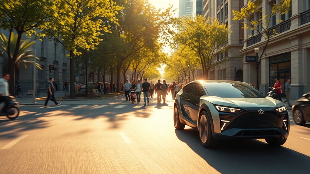 A sleek, futuristic autonomous vehicle gliding through a sunlit urban landscape, surrounded by lush greenery and bustling pedestrians, capturing the essence of innovation and freedom