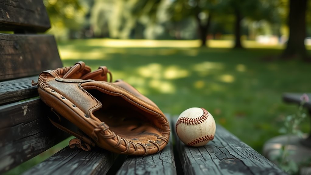 A vintage baseball glove resting on a weathered wooden bench, with a well-worn baseball beside it, under soft natural lighting in a lush green park setting