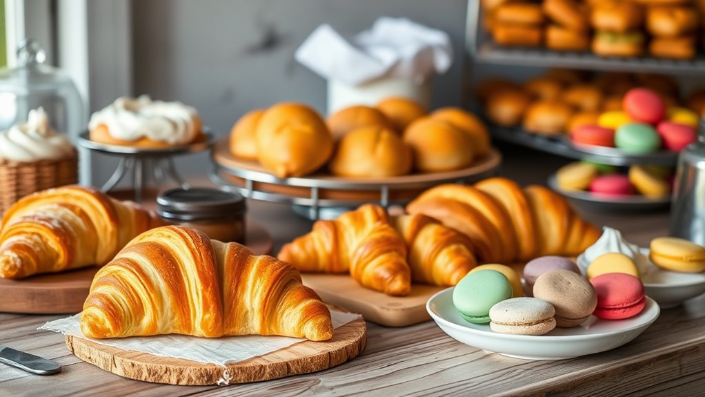 A beautifully arranged baking scene featuring an array of freshly baked pastries, golden croissants, and colorful macarons on a rustic wooden table, illuminated by soft natural light