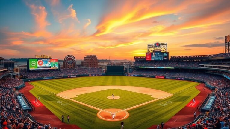 A vibrant baseball field at sunset, with a gleaming diamond, players in action, and enthusiastic fans in the stands, all captured in stunning detail