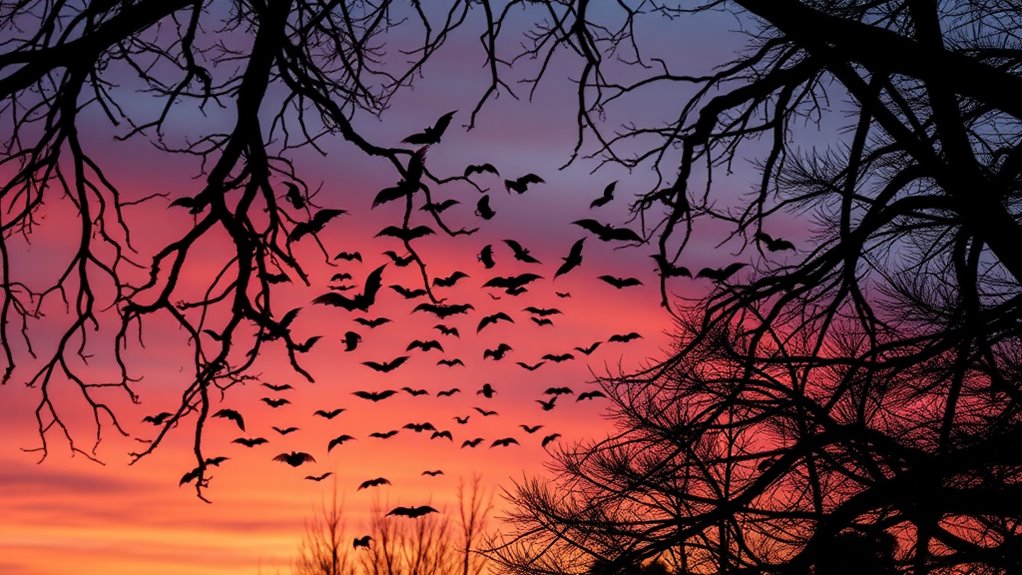 A serene twilight scene showcasing a colony of bats gracefully silhouetted against a vibrant sunset sky, with intricate tree branches framing the shot