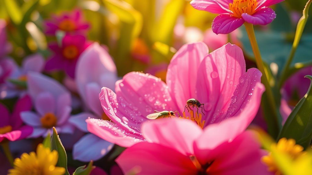 A close-up of a vibrant garden teeming with colorful bugs, glistening dew drops on petals, warm sunlight filtering through leaves, showcasing nature's delicate beauty