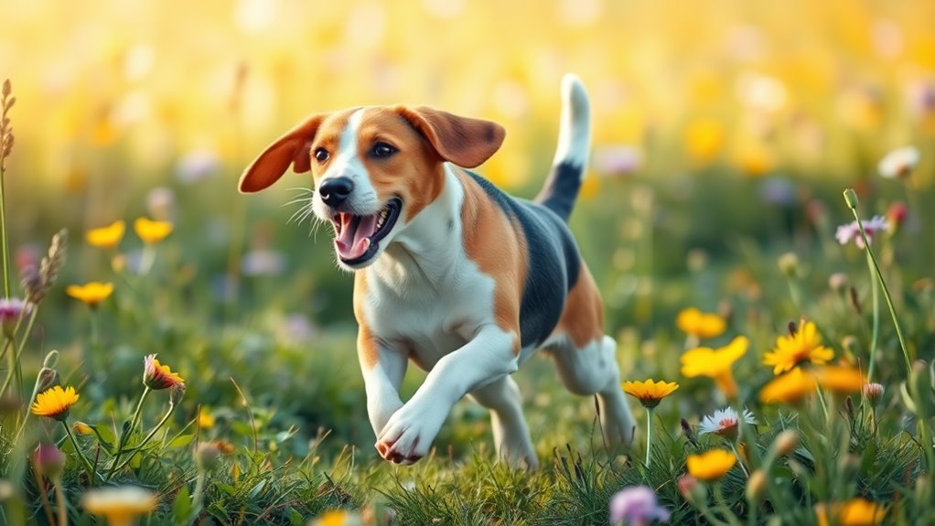 A playful beagle with glistening fur, ears flopping, joyfully bounding through a sunlit meadow filled with wildflowers, capturing the essence of National Beagle Day