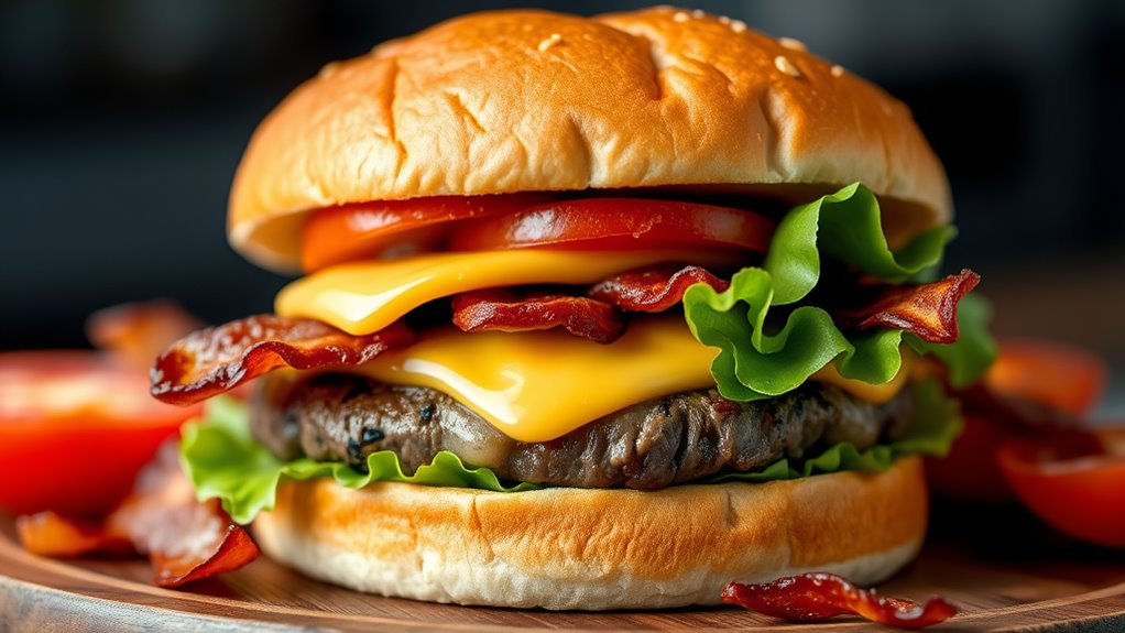 A perfectly grilled beef burger, glistening with melted cheese, nestled in a toasted brioche bun, surrounded by fresh lettuce, ripe tomatoes, and crispy bacon