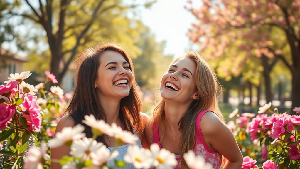 A vibrant scene of two friends laughing together in a sunlit park, surrounded by blooming flowers, capturing the essence of joy and friendship
