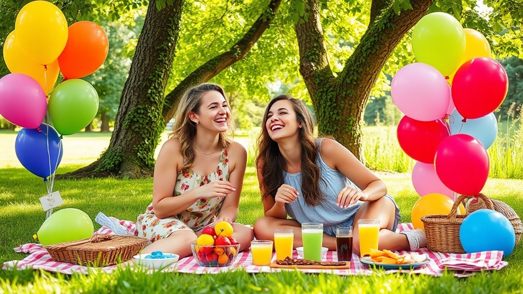A vibrant picnic scene with two best friends laughing under a tree, surrounded by colorful balloons and a beautifully arranged spread of snacks and drinks