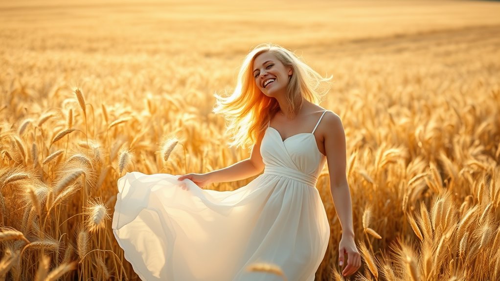 A sunlit field of golden wheat swaying gently, with a radiant blonde woman in a flowing white dress, laughing joyfully as she dances, capturing the essence of National Blonde Day