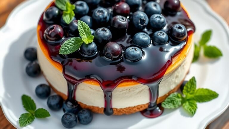 A decadent blueberry cheesecake adorned with fresh blueberries and a glossy blueberry glaze, set on an elegant white plate, surrounded by delicate mint leaves, captured in natural lighting