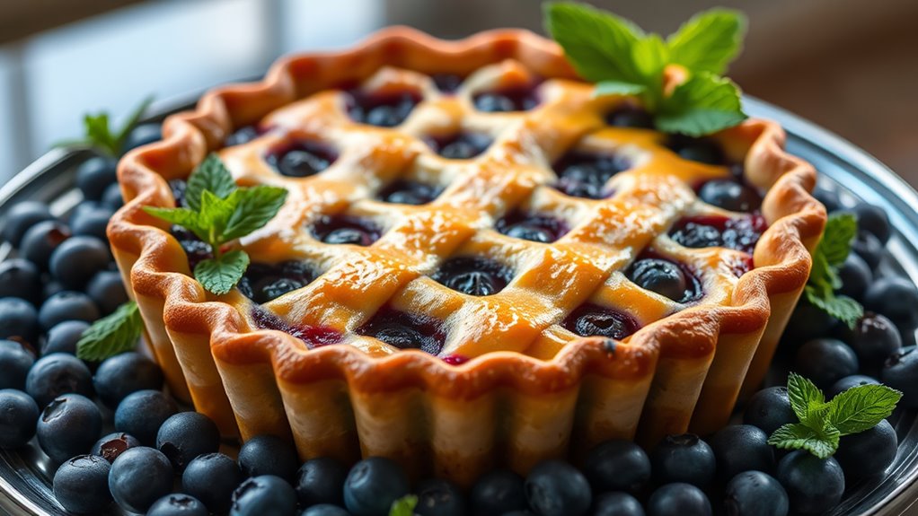 A perfectly baked blueberry pie, golden-brown crust glistening, surrounded by fresh blueberries and mint leaves, under soft, natural light, centered in an elegant setting