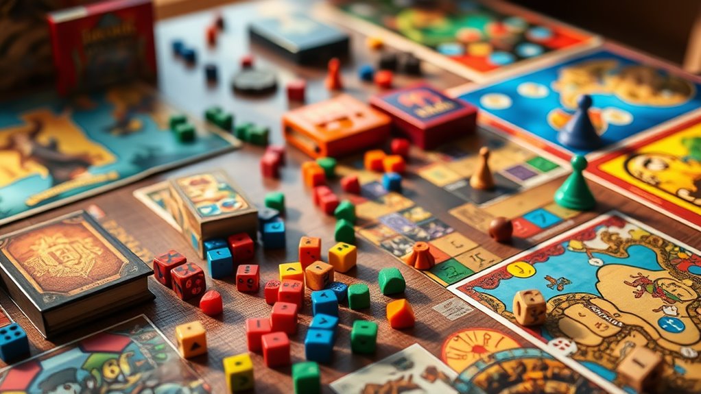 A vibrant tabletop scene featuring an array of colorful board games, dice, and game pieces, illuminated by soft natural light, showcasing intricate details and textures