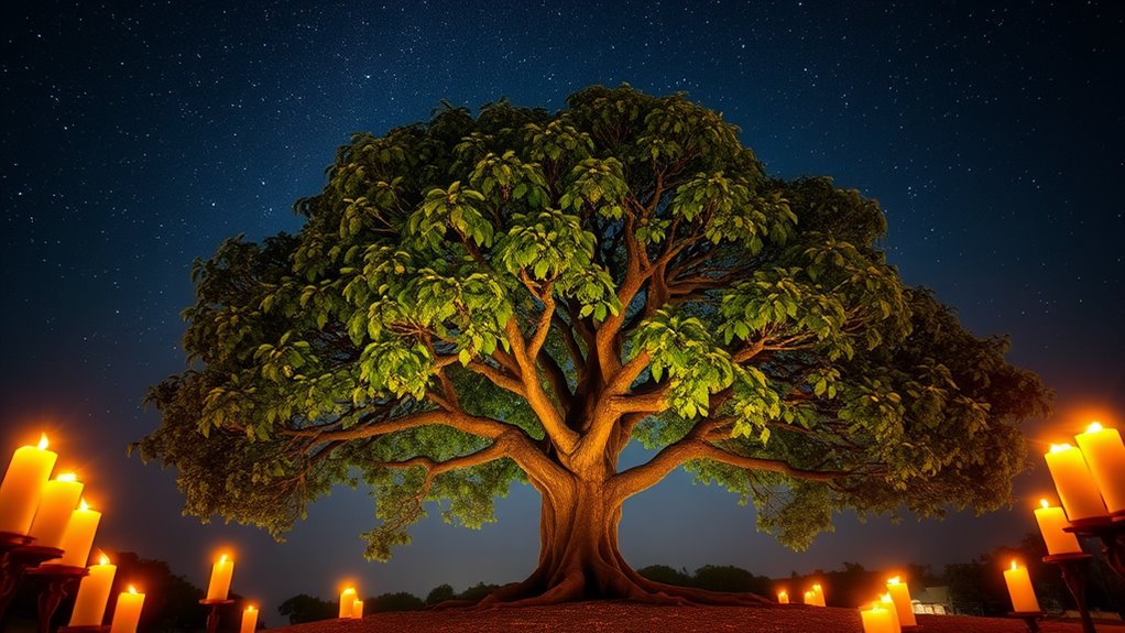 A serene Bodhi tree under a starlit sky, with gently glowing leaves, surrounded by softly illuminated candles, reflecting tranquility and enlightenment in HDR