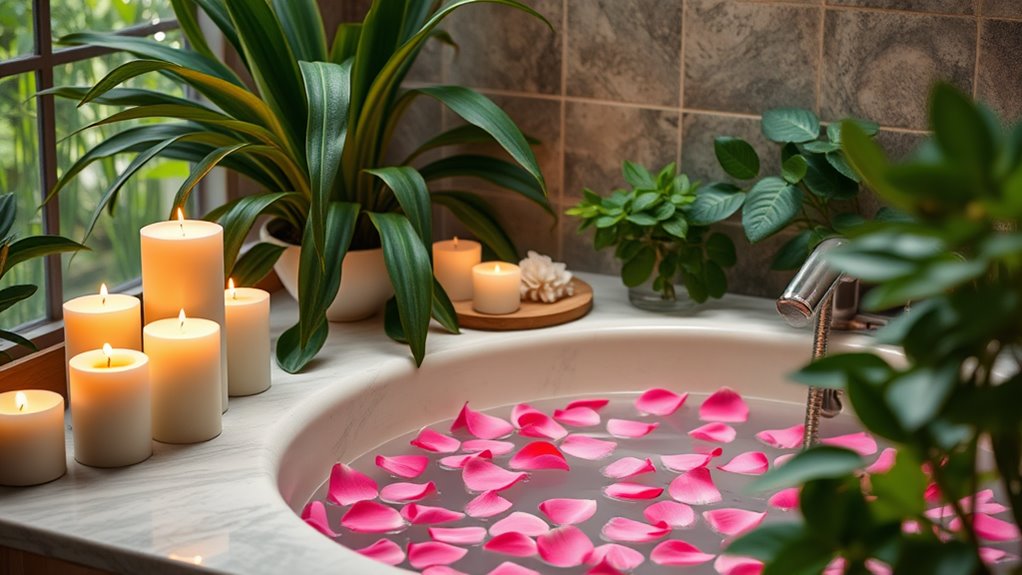 A serene spa scene with calming candles, lush green plants, and an inviting bath filled with rose petals and essential oils