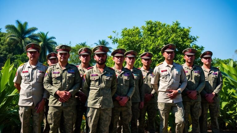 A solemn tribute to Borinqueneers: a diverse group of soldiers in military uniforms standing proudly, surrounded by lush greenery, under a clear blue sky
