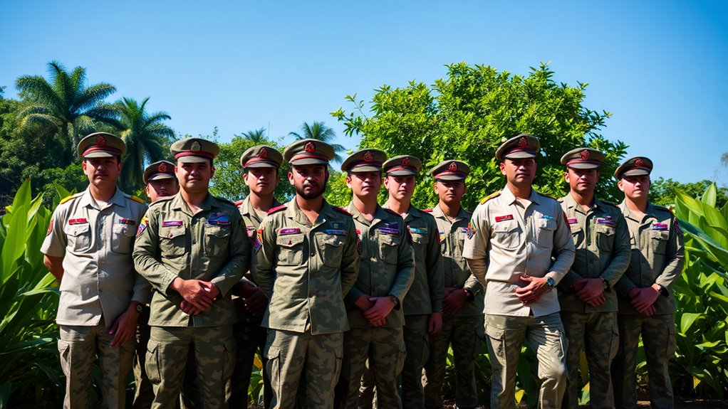 A solemn tribute to Borinqueneers: a diverse group of soldiers in military uniforms standing proudly, surrounded by lush greenery, under a clear blue sky