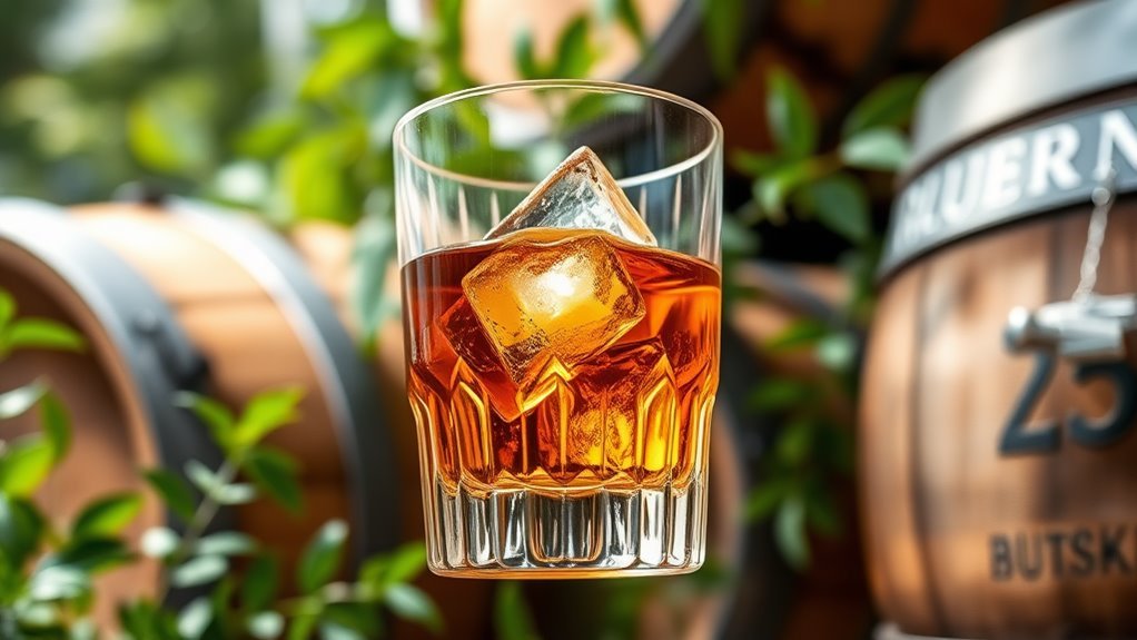 A close-up of a crystal bourbon glass filled with amber liquid, ice cubes glistening, surrounded by bourbon barrels and lush green foliage, in soft natural light