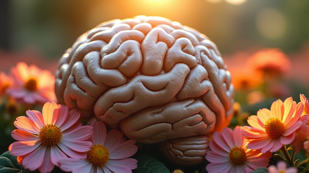 A serene, sunlit brain sculpture surrounded by blooming flowers, symbolizing life and awareness, captured in exquisite detail and vibrant colors, high-resolution perspective