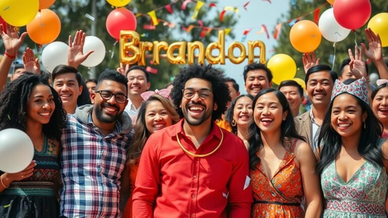 A vibrant celebration scene featuring diverse people named Brandon, adorned in festive attire, surrounded by balloons and confetti, under natural sunlight, capturing joy and unity