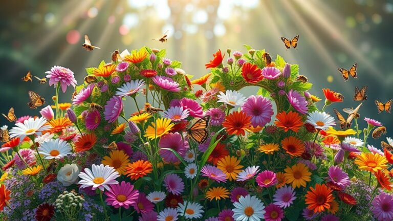 A vibrant heart-shaped garden filled with diverse flowers, bees buzzing, and butterflies fluttering, under soft natural sunlight, capturing the essence of bravery and resilience