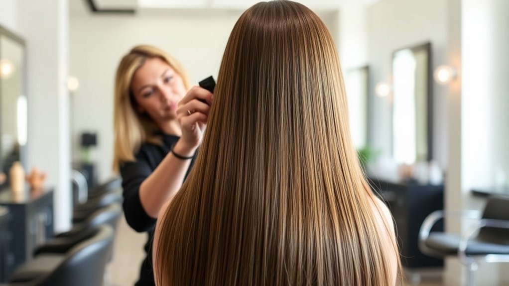 A sleek salon interior with a stylist applying a Brazilian Blowout treatment to shiny, smooth hair, natural lighting highlighting the elegance and perfection of the process