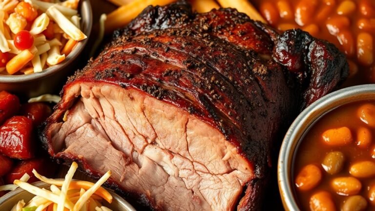 A perfectly smoked brisket, glistening with spices, surrounded by vibrant sides of coleslaw and baked beans, all captured in natural lighting, centered shot