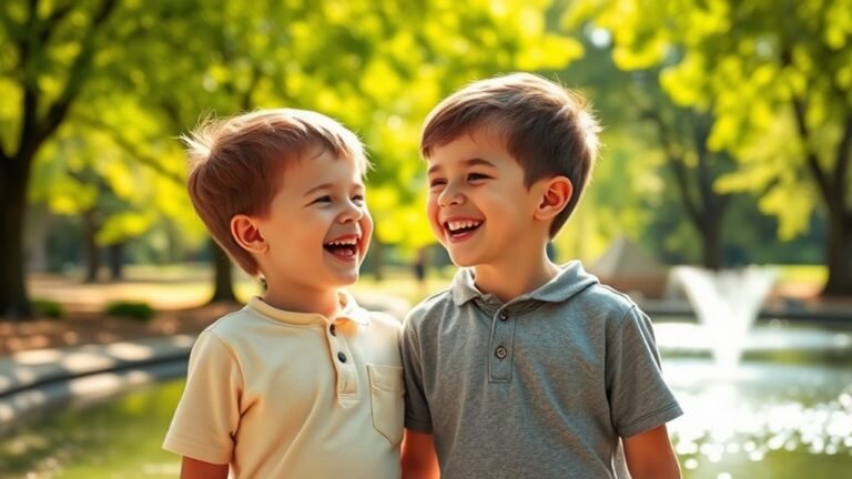 A heartwarming scene of two brothers laughing together in a sunlit park, surrounded by vibrant green trees and a shimmering pond, capturing their joyful bond