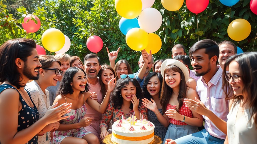 A vibrant celebration scene with diverse people enjoying festivities, balloons, and cake, surrounded by lush greenery, under bright natural lighting, captured in stunning detail