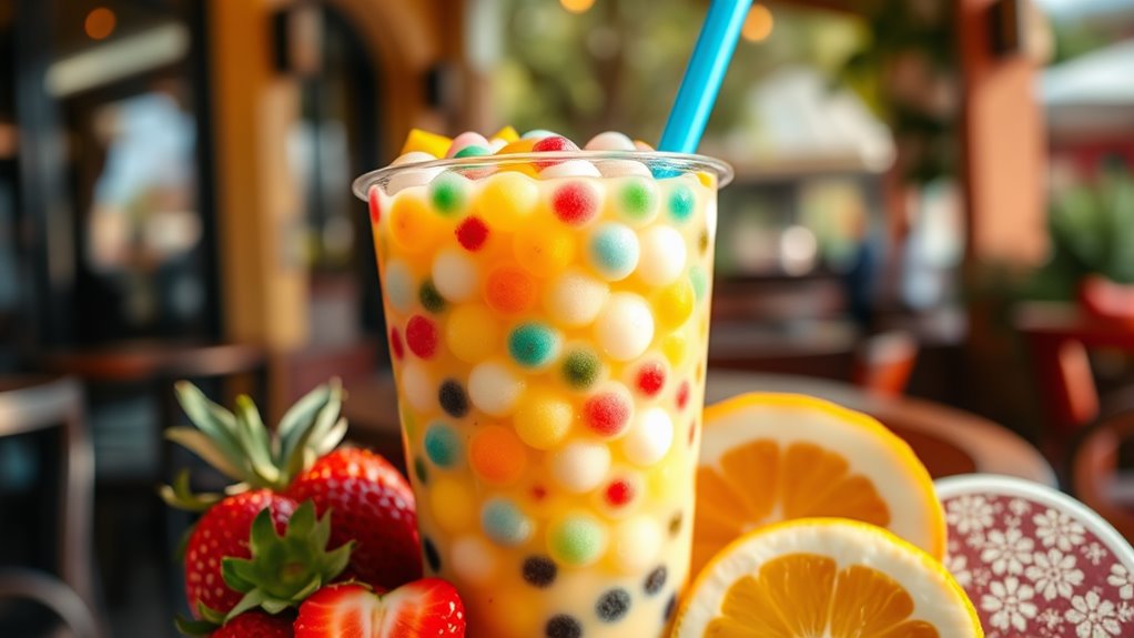 A vibrant bubble tea cup overflowing with colorful tapioca pearls, surrounded by fresh fruit, set against a sunlit café backdrop, capturing the essence of joy and celebration