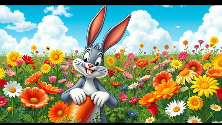 A whimsical scene featuring Bugs Bunny in a vibrant carrot garden, surrounded by colorful flowers, with a bright blue sky and fluffy clouds above, captured in rich detail