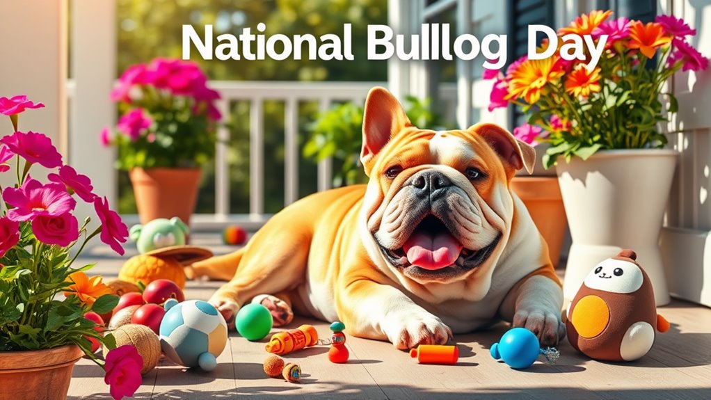 A charming bulldog lounging on a sun-drenched porch, surrounded by playful toys, flowers blooming in vibrant colors, capturing the essence of National Bulldog Day