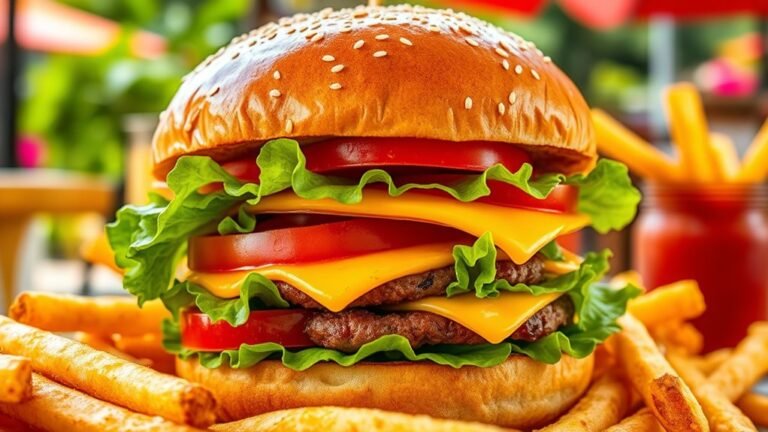 A glistening, perfectly stacked burger with layers of fresh lettuce, ripe tomatoes, and melted cheese, surrounded by crispy fries, all set against a vibrant outdoor backdrop