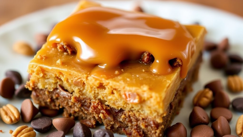 A decadent butterscotch brownie, topped with a glossy layer of caramel, surrounded by scattered chocolate chips and nuts, all under soft, natural lighting