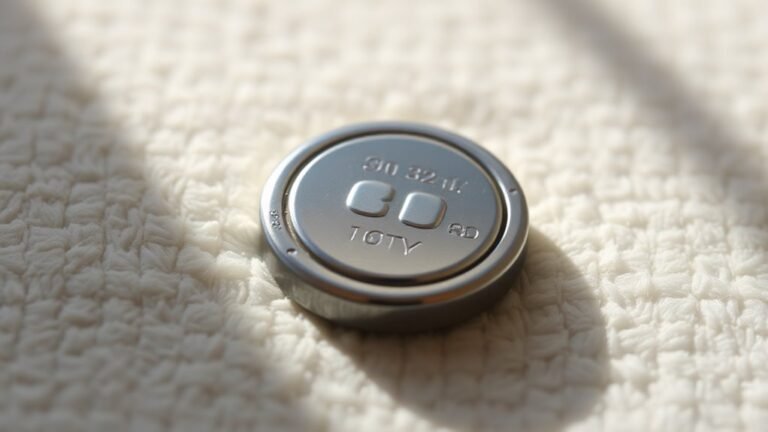 A close-up of a shiny button battery resting on a soft, textured surface, illuminated by natural light, highlighting its intricate details and reflective surface