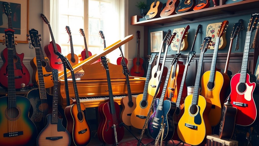 A vibrant array of musical instruments displayed in a sunlit room, featuring a gleaming grand piano, a colorful assortment of guitars, and delicate flutes, all in exquisite detail