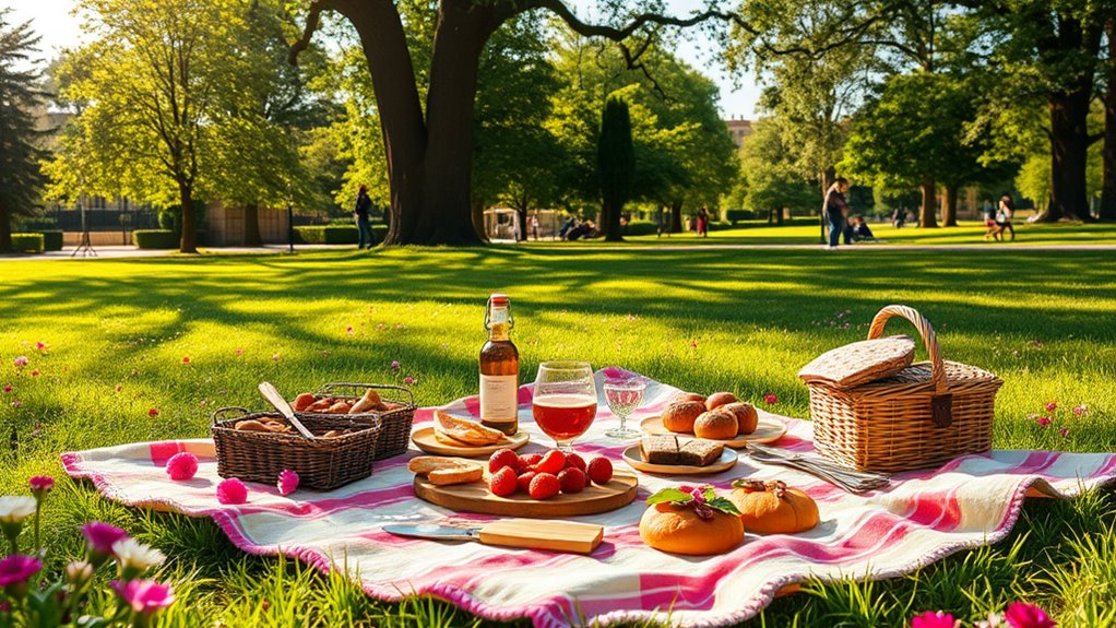 A vibrant picnic scene in a lush park, featuring a beautifully laid-out blanket with gourmet treats, surrounded by blooming flowers and gentle sunlight filtering through trees