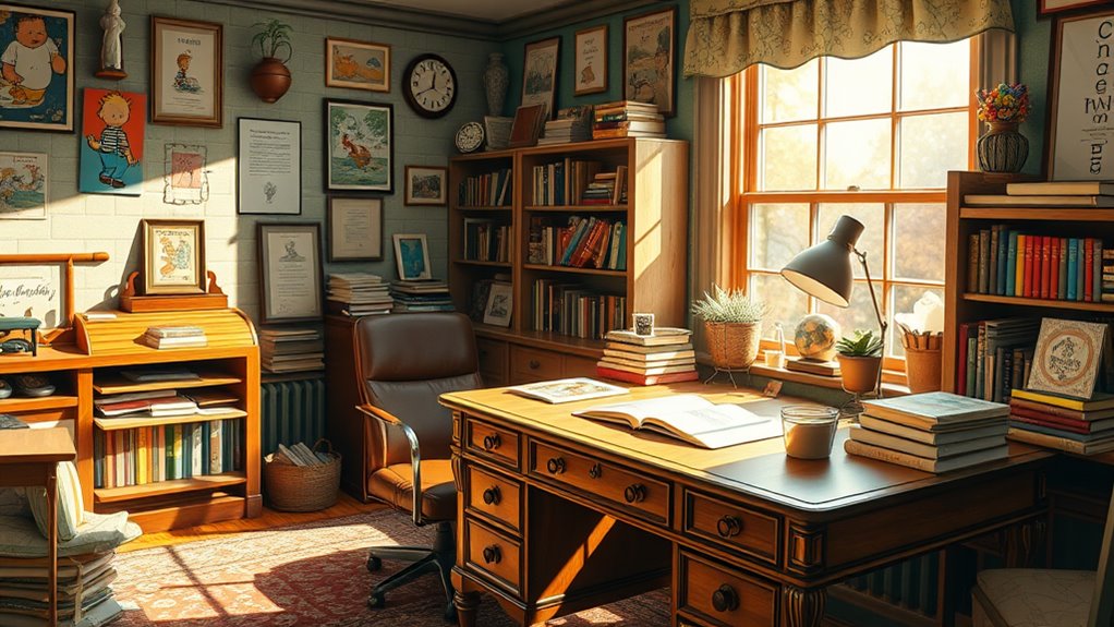 A whimsical scene of a cozy study filled with Calvin and Hobbes memorabilia, sunlight streaming through a window, casting shimmering reflections on a vintage desk