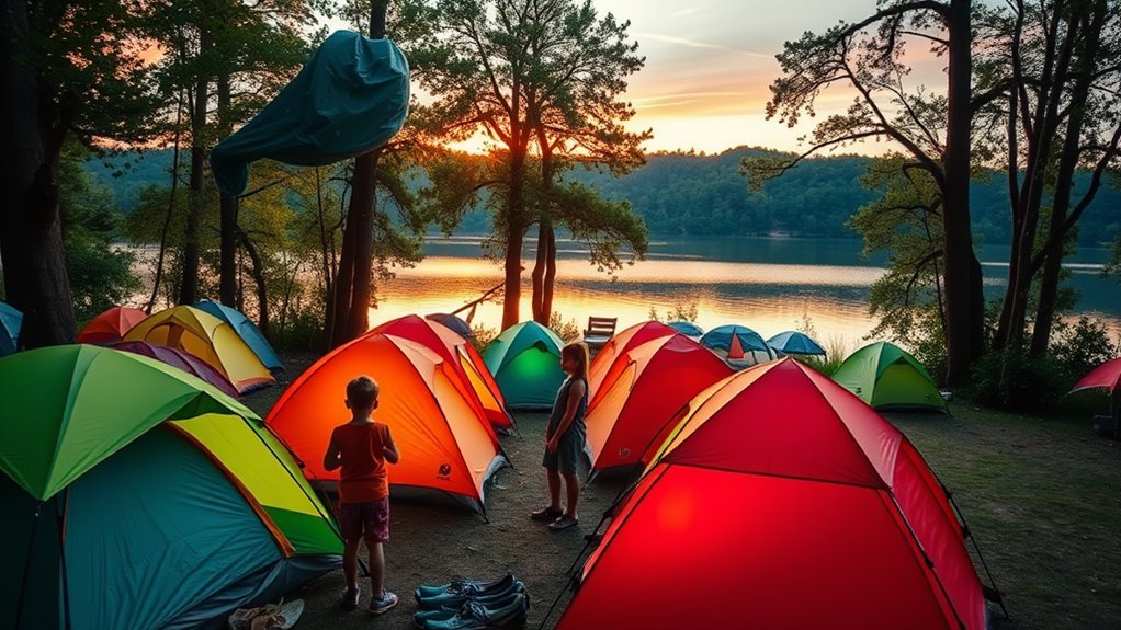 A vibrant campsite scene at dawn, featuring children joyfully counting colorful tents, surrounded by lush trees and a serene lake reflecting the sunrise