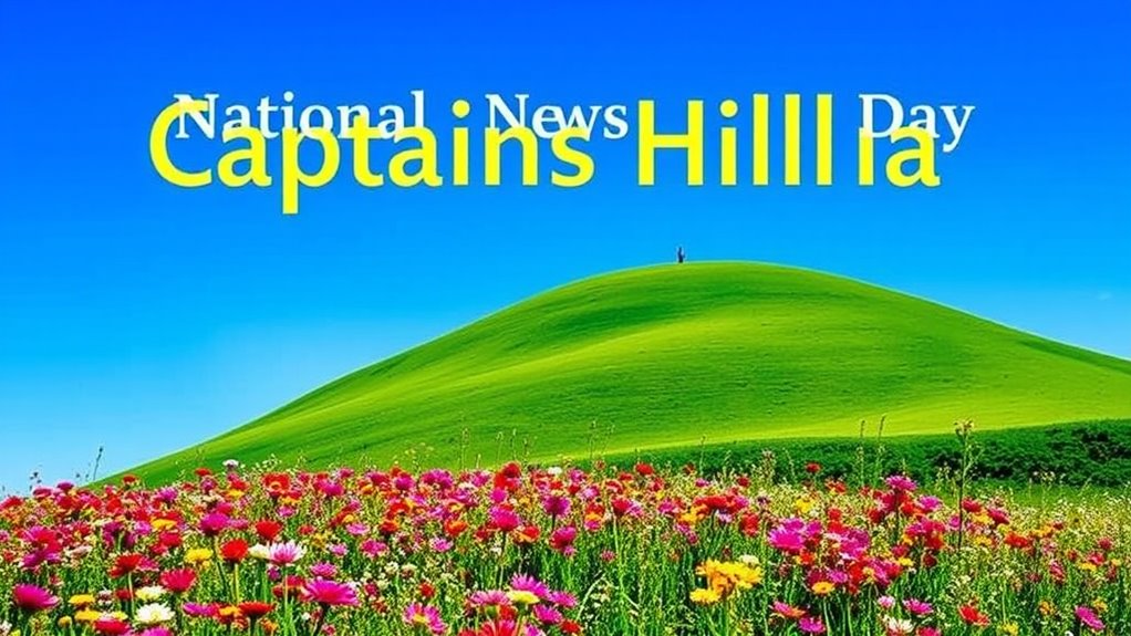 A serene landscape featuring a lush green hill, adorned with vibrant wildflowers, under a clear blue sky, capturing the essence of National Captains Hill Day