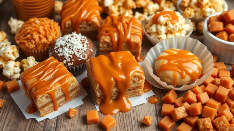 A decadent spread of various caramel desserts: drizzled caramel sauce, caramel popcorn, and rich caramel candies on a rustic wooden table