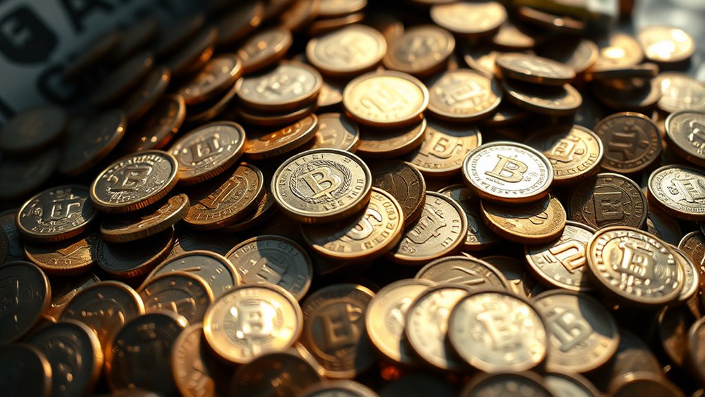 A close-up of a gleaming pile of assorted cash, elegantly arranged with shimmering coins, bathed in soft natural light, highlighting intricate details and textures