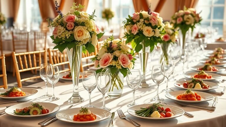 A beautifully arranged banquet table with gourmet dishes, elegant floral centerpieces, and shimmering glassware, bathed in natural light, capturing the essence of celebration